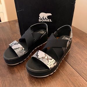 Sorel Black Snakeskin Wedge Sandals